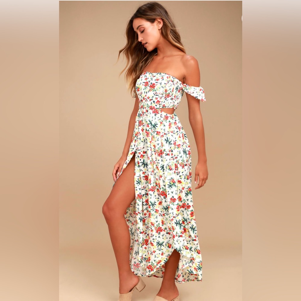Easy on the Eyes Cream Floral Print Off-the-Shoulder Maxi Dress